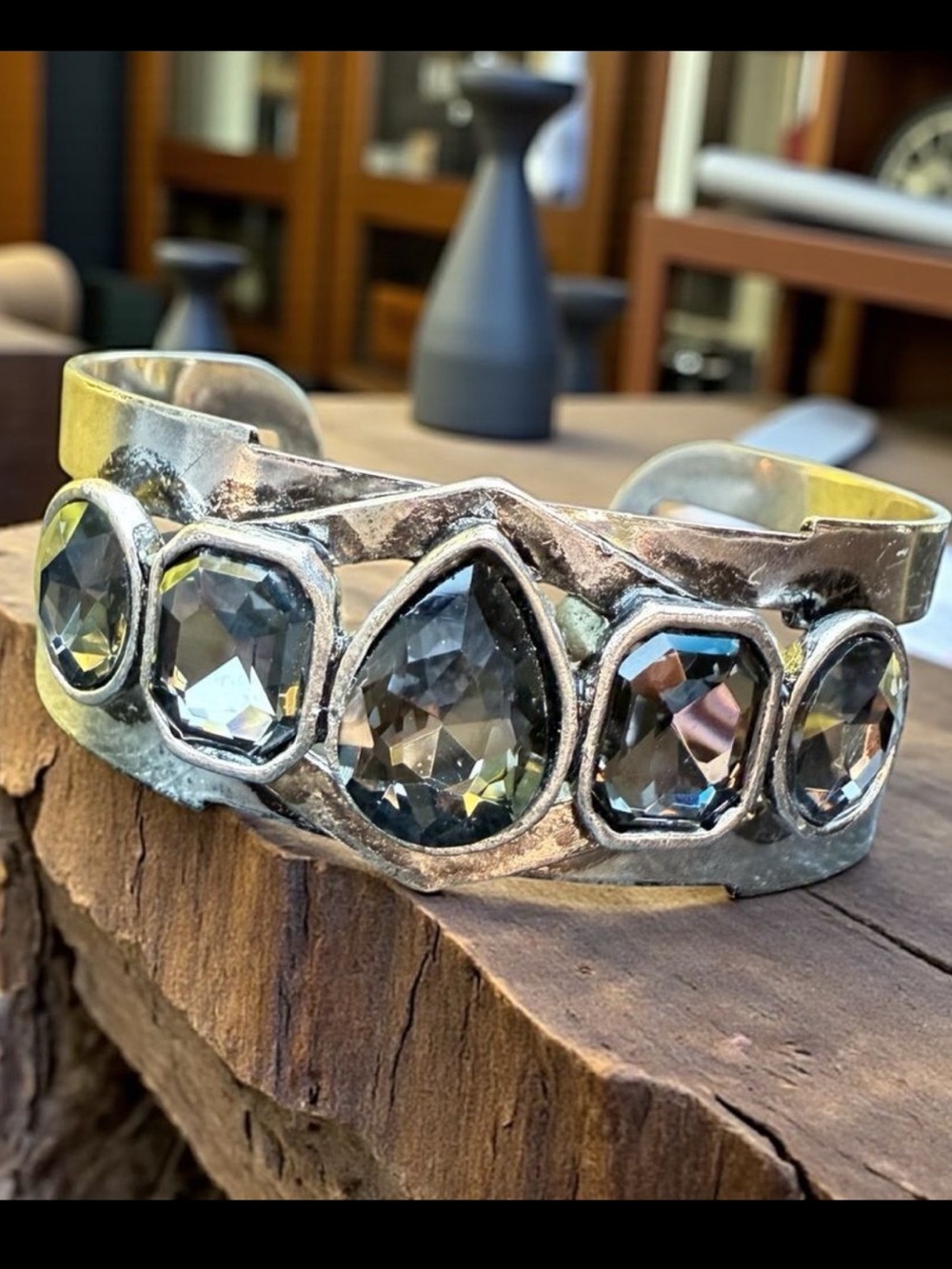 STATEMENT SILVER CUFF BRACELET LARGE FACETED SMOKY CRYSTALS –WOMEN’S BOLD DESIGN